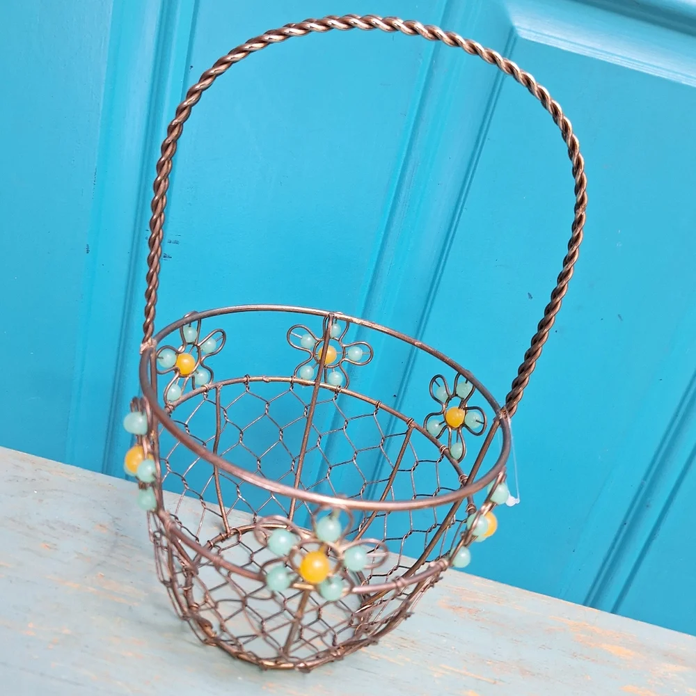 Beaded Easter Basket Silver Metal Woven Steel Aluminum Container w Handle Silver